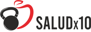 Logo de SALUDx10 con una pesa rusa negra integrada en una manzana roja estilizada - Saludx10