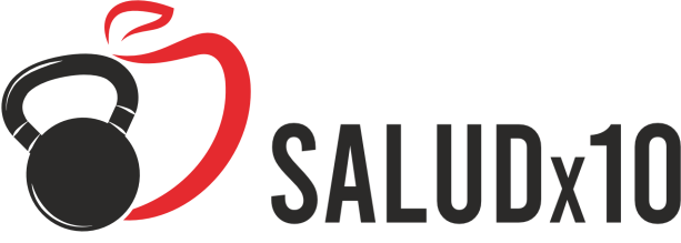 Logo de SALUDx10 con una pesa rusa negra integrada en una manzana roja estilizada - Saludx10