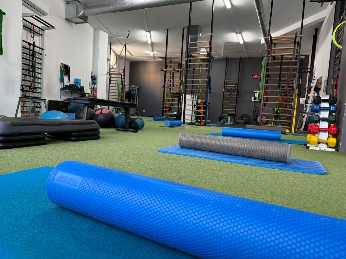 Interior de gimnasio con rodillos de espuma, colchonetas y estructuras de entrenamiento funcional en el suelo de césped - Saludx10