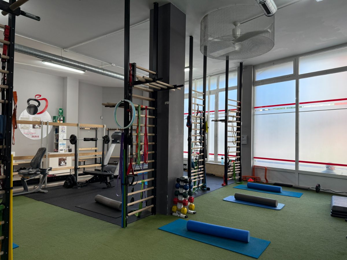 Interior de gimnasio con espalderas, colchonetas, rodillos de espuma y equipamiento para entrenamiento personalizado - Saludx10