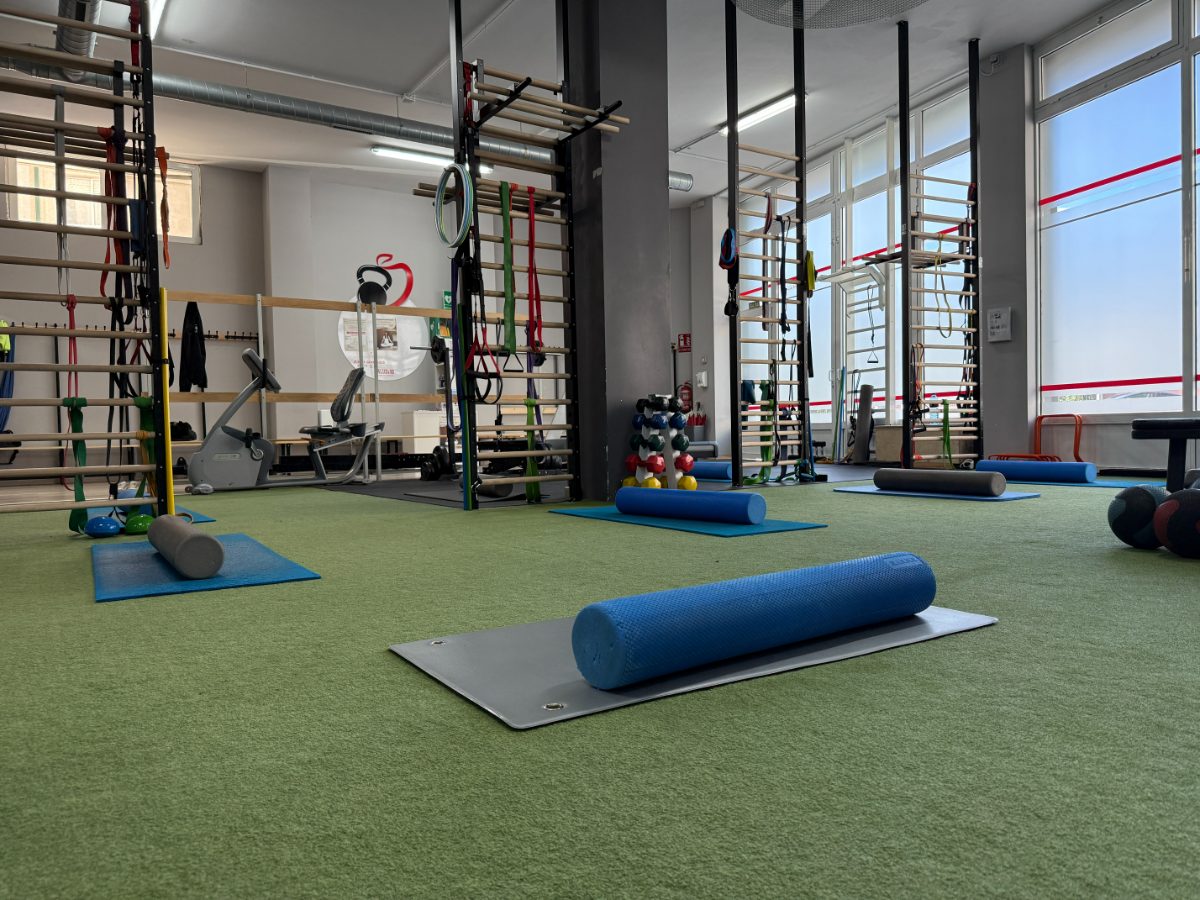 Interior de gimnasio con suelo verde, rodillos de espuma sobre colchonetas y estructuras de entrenamiento personalizado - Saludx10